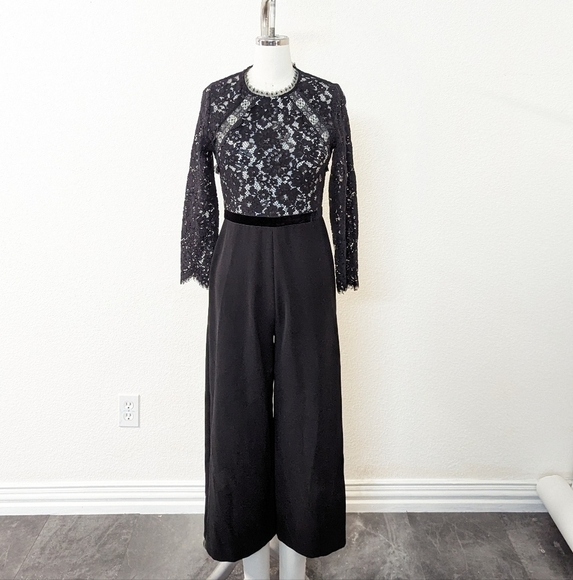 Alexis Lace Long Sleeve Wide Leg Cropped Jumpsuit Black...
